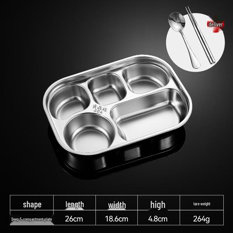 Food Grade 304 Stainless Steel European 5-Compartment Deep Meal Tray