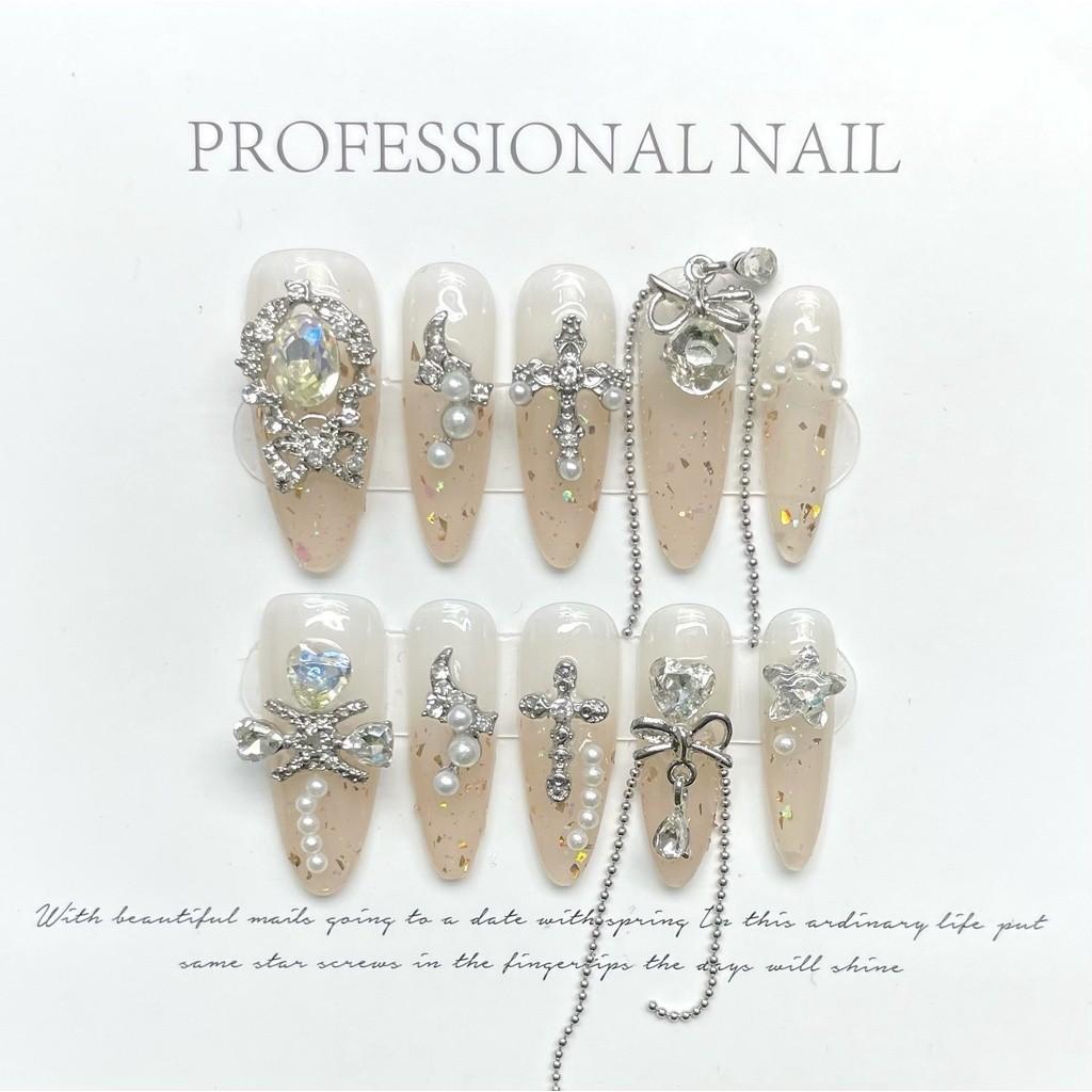100% HANDMADE Long Water Droplet Shape Artificial Nail Lace Bow Elegant Temperament Chain Diamond Pearl Nude Color Gradient Phototherapy Nails