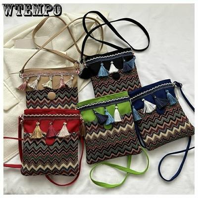 Retro Ethnic Style Contrasting Color Tassel Phone Bag Small Bag Fashionable and Versatile Diagonal Cross Shoulder Small Bag