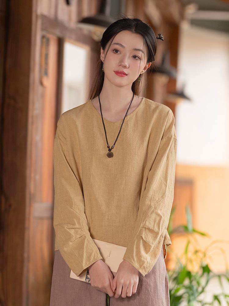 Весна 2026 Женская художественная хлопково-льняная футболка с V-образным вырезом, приталенная, с длинным рукавом One Size