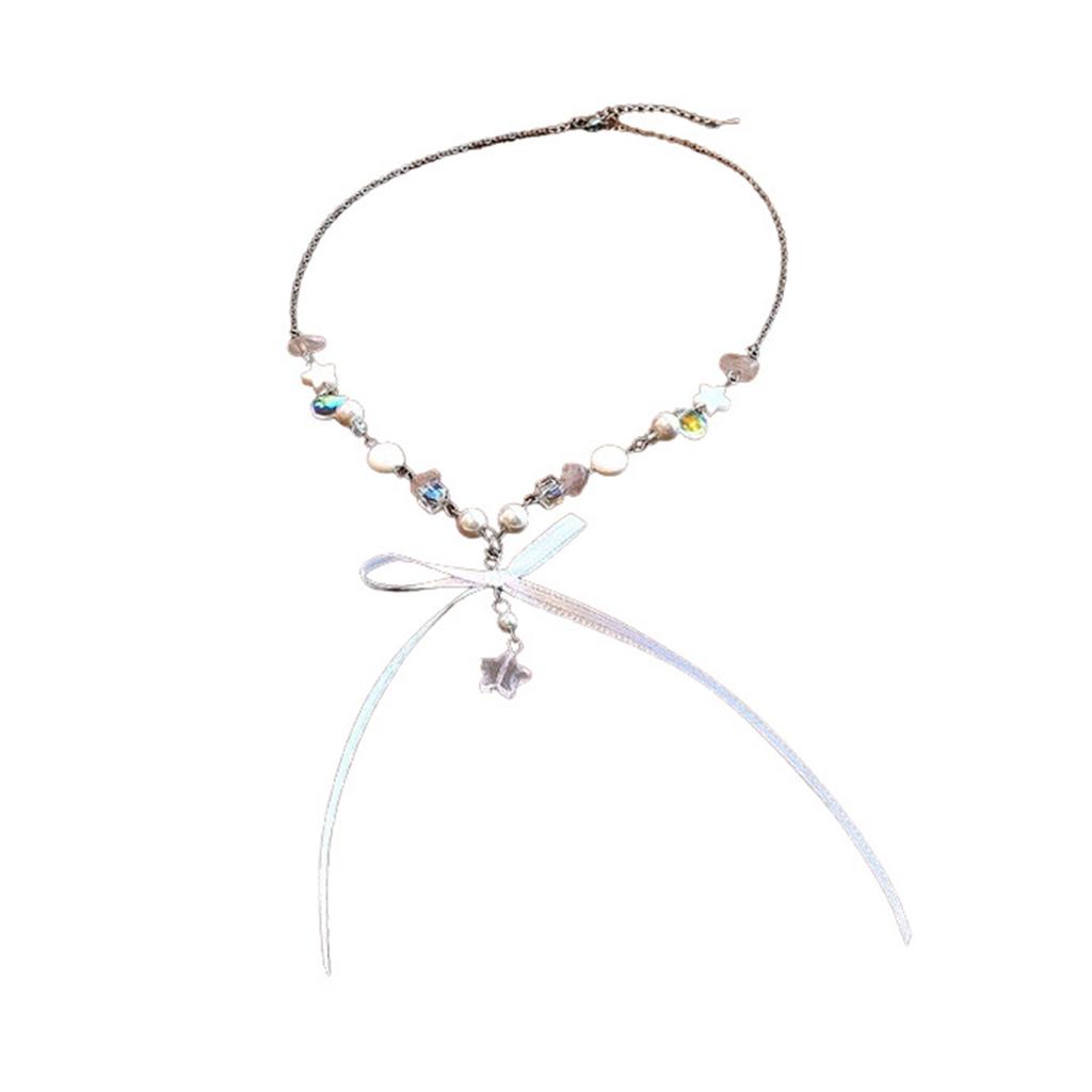 Fashionable Bowknot Star Pendant Necklace Handmade Colorful Beads Neckchain Bow Clavicle Chain for Women Girls Choker