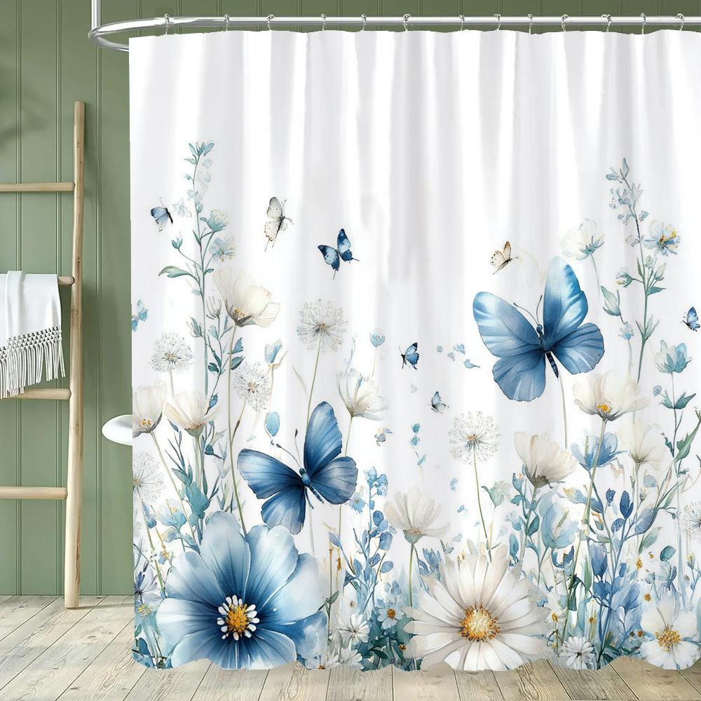 1PC Blue Flowers and Butterflies Shower Curtain,  Floral and Leaf Bathroom Decorative Curtain,Polyester Home Curtain with Hooks