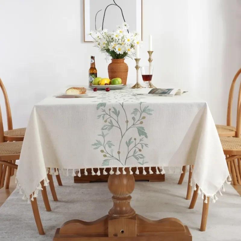 Embroidered Tablecloth Cotton Linen Waterproof Rectangle Table Cover Vintage Leaf Pattern for Kitchen Dining Living Room Decor