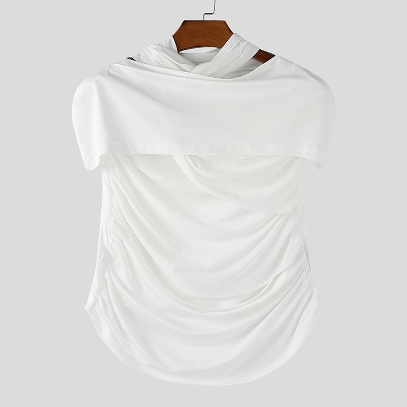 INCERUN Men Cutout Short Sleeve Irregular Patchwork Mesh Fitted T-shirts Tops