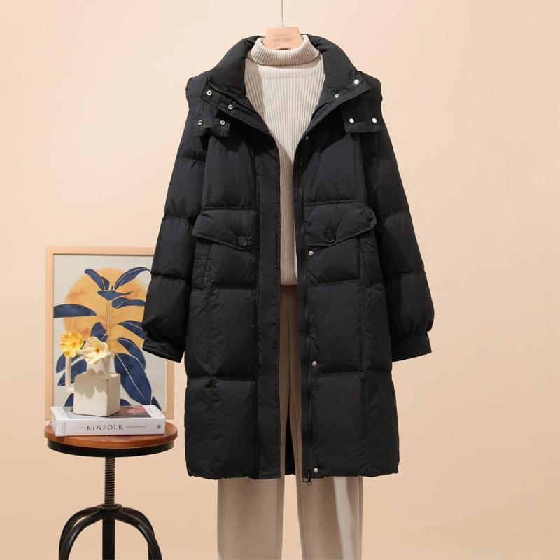 New down jacket women's medium and long fashion foreign style white duck down hooded loose warm winter tide