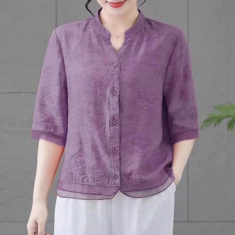 2024 Plus Size Slimming V-Neck Mid-Sleeve Casual Blouse for Moms