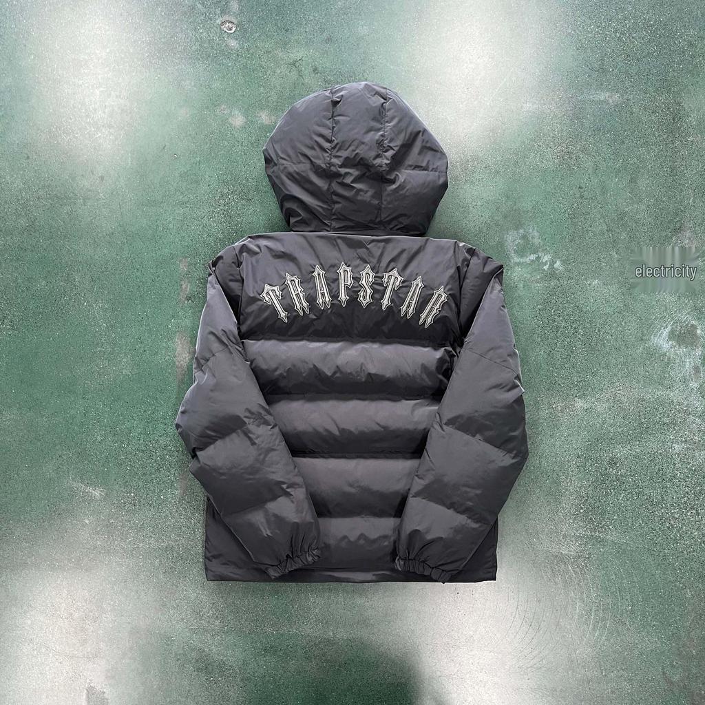 Trendy Brand Trapstar Grey Jacket with Small Logo, Thickened Cotton, Detachable Hood, Retro Couple Style