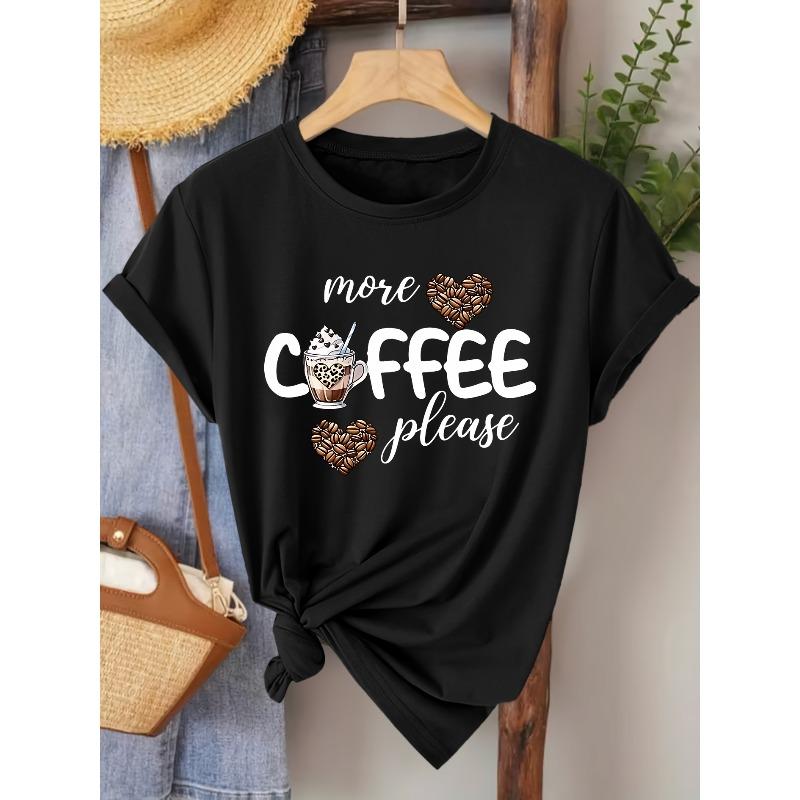 

European sizes Elegant Women s T-Shirt / Short Sleeve More Coffee Please Printed Crew Neck Tee, Vintage Style, Medium Stretch Fabric 4XL