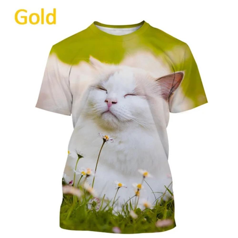 Nuova Maglietta a Maniche Corte con Stampa Floreale e Gatto alla Moda da Donna, Maglietta Casual Carina, Top Streetwear Animale Harajuku