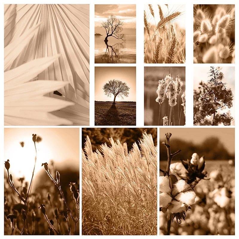 Canvas Painting Autumn Natural Poster Sunset Tree House Grass Reed Wheat Wall Art Print Pictures Living Room Home Decor