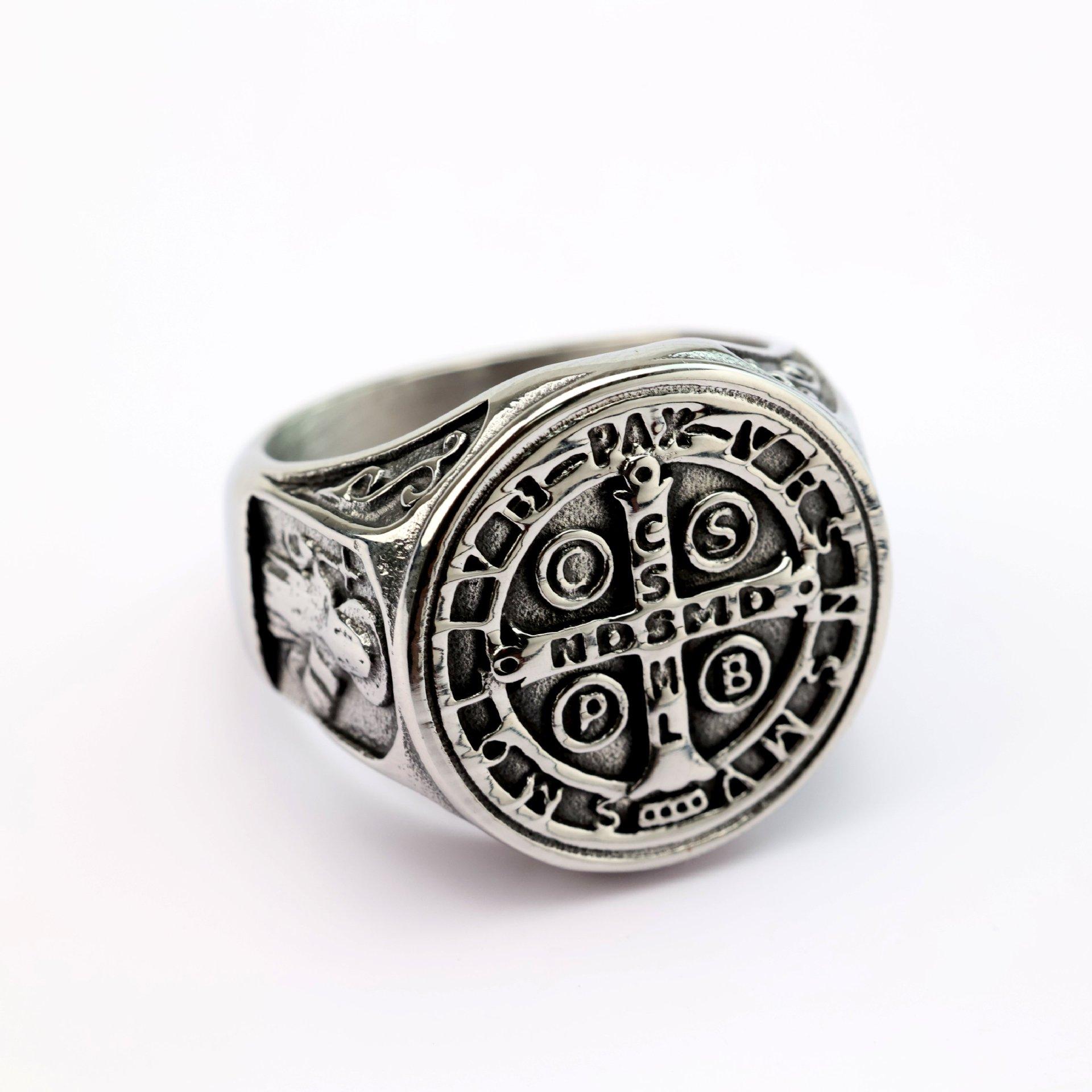 Antique Stainless Steel Men s St Benedict Cross Exorcism Ring No. 9