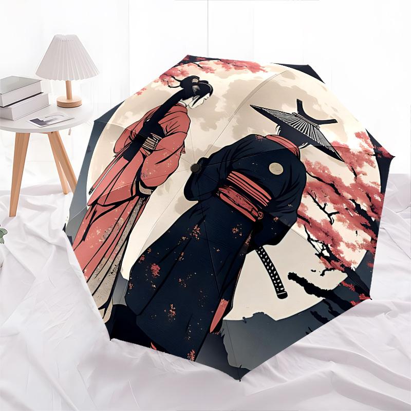 Geisha. Full Moon Themed Automatic Opening and Closing Umbrella, Brightly Colored 8 Rib Portable Umbrella, Suitable for Men and Women, A Per