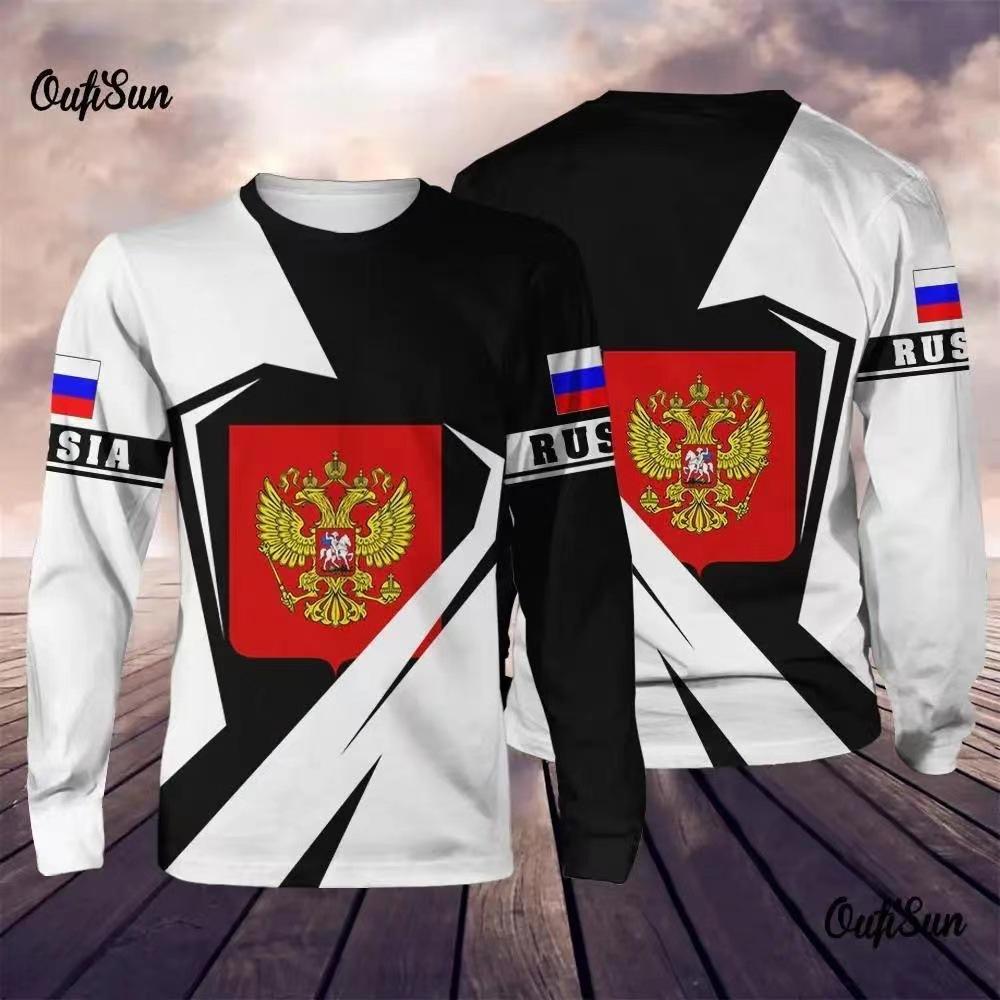 Round Neck 3D Russian Printed Top Casual Long Sleeved Men's T-shirts - Soft Medium Stretch Polyester Fabric Spring and Autumn Relaxed Fit Clothing