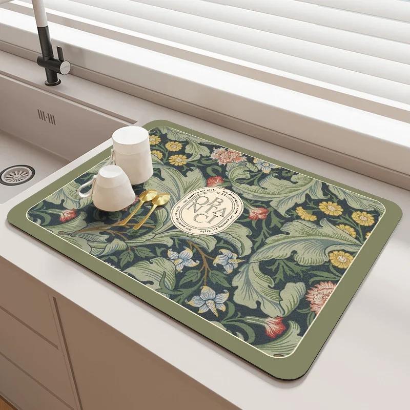 Kitchen Drain Mat Absorbent Coffee Drying Pad  Retro Tableware Placemat Printed Cup Dish Drying Drainer Mats Dinnerware Placemat