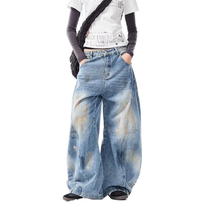 Vintage Distressed Graffiti Denim Pants Unisex Loose Wide Leg Trousers High Street Style