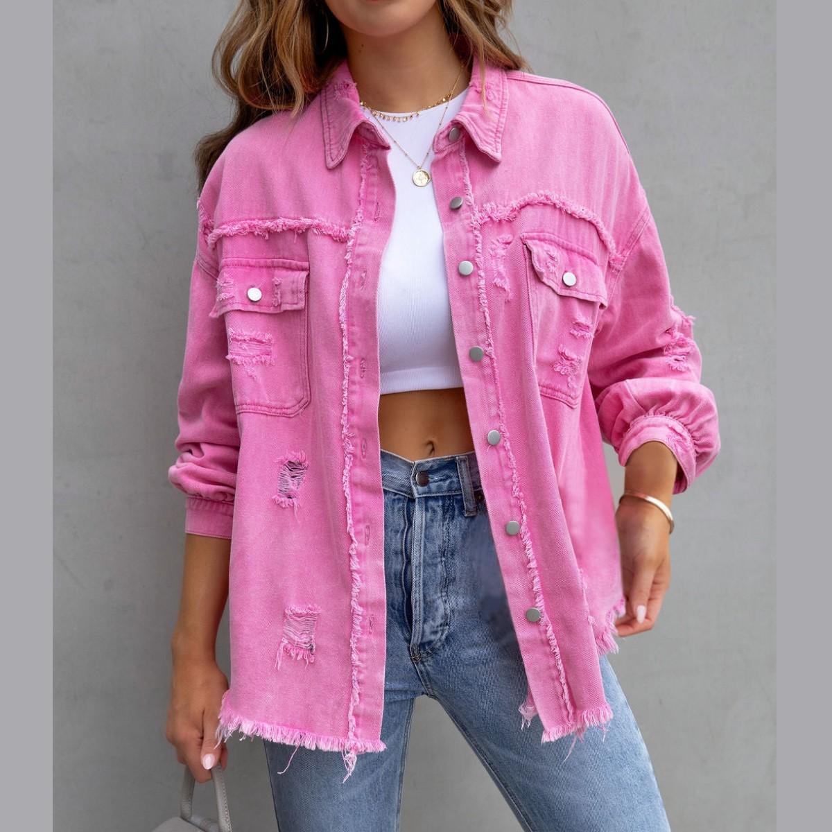 

Женский повседневный топ, женская одежда, рубашка в стиле ретро с длинными рукавами, джинсовая рубашка с лацканами, куртка для женщин XXL розовый