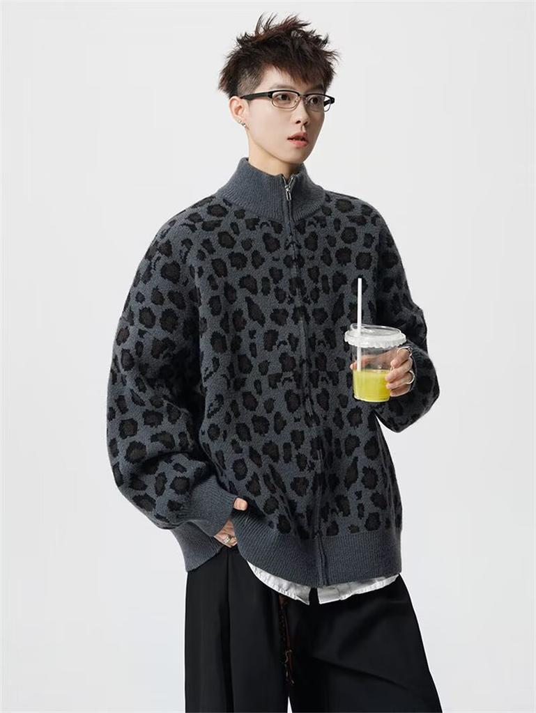 American trendy brand leopard print cardigan sweater men's cleanfit retro knitted sweater loose casual lazy couple coat