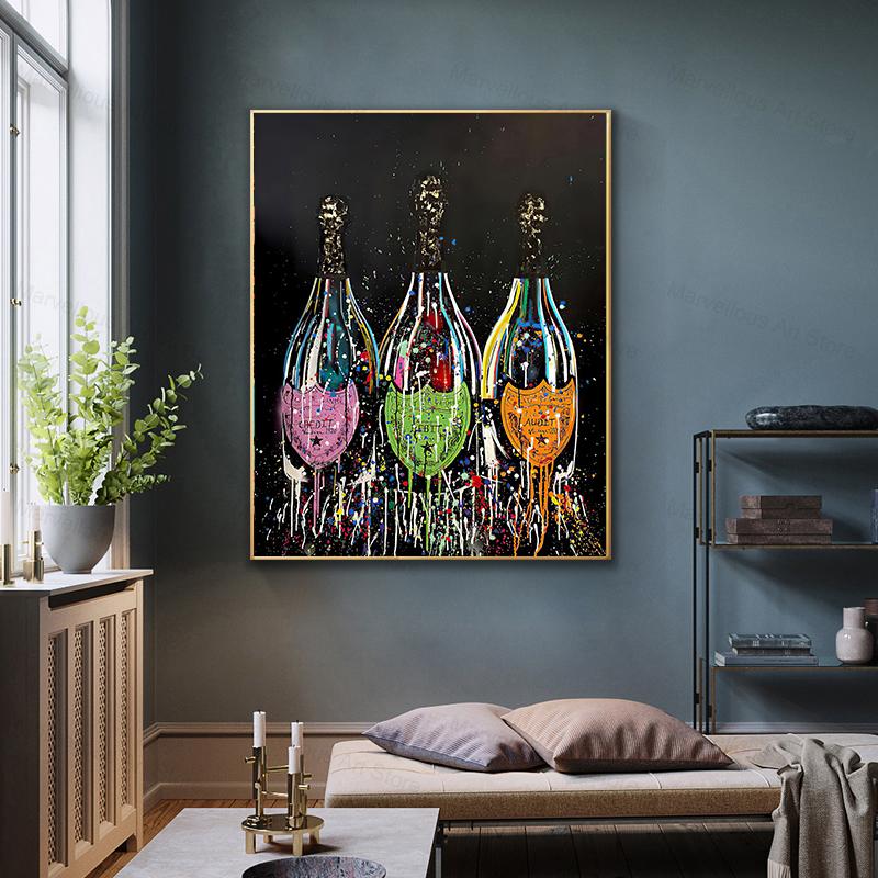 Colorful Champagne Bottle Canvas Painting Modern Graffiti Pop Art Posters and Print Wall Cuadros for Living Room Home Decor