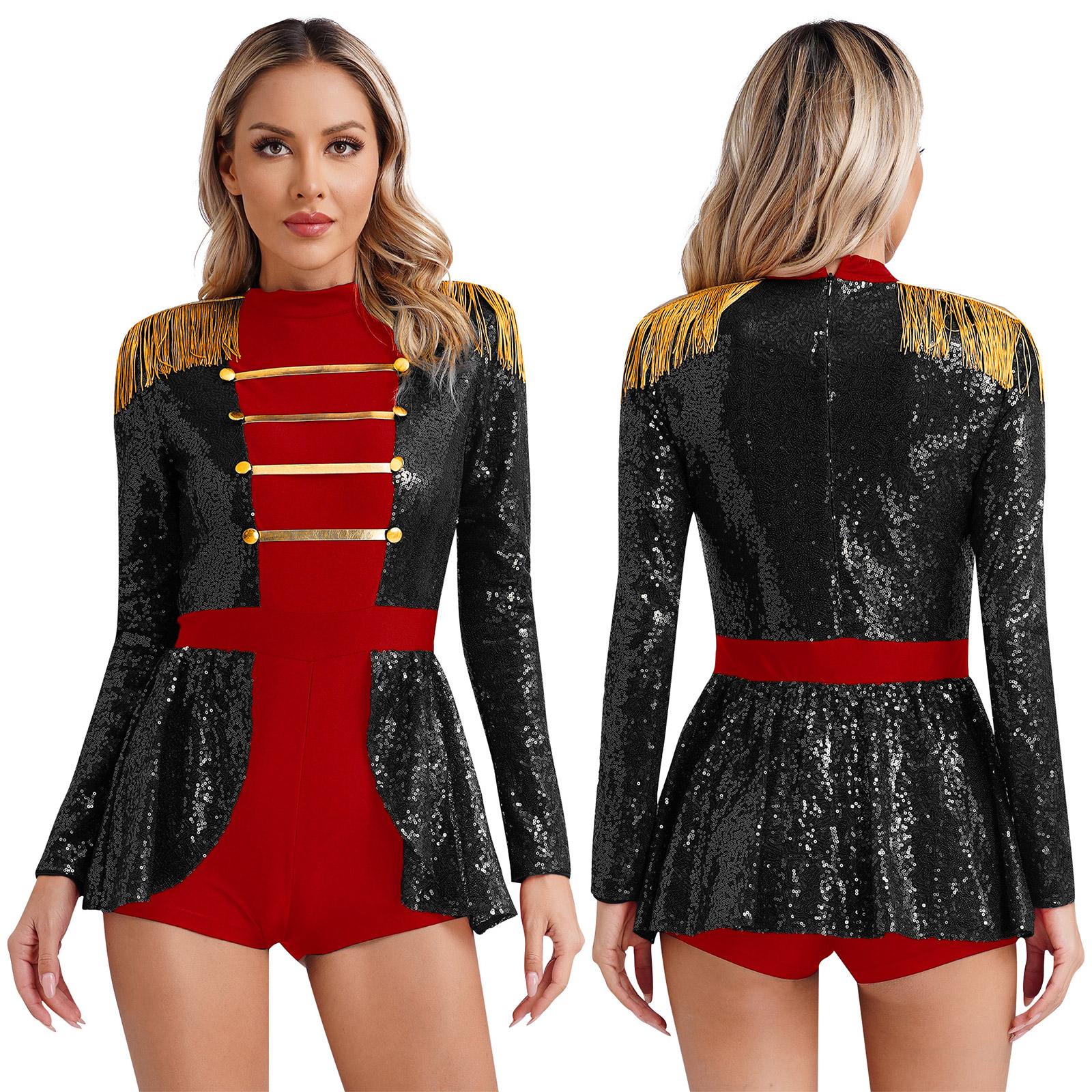 Dames Magiër Bodysuit Pailletten Ringmeester Circus Drummer Halloween Carnaval Cosplay Kostuum Lange Mouw Franje Epaulet Bodysuit S