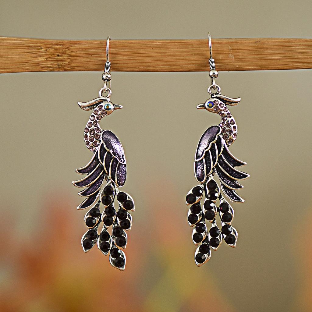 Blue Drop Oil Rhinestone Peacock Earrings for Women Ethnic Vintage Long Silver Color Geometric Animal Earrings Boho Jewelry Gift