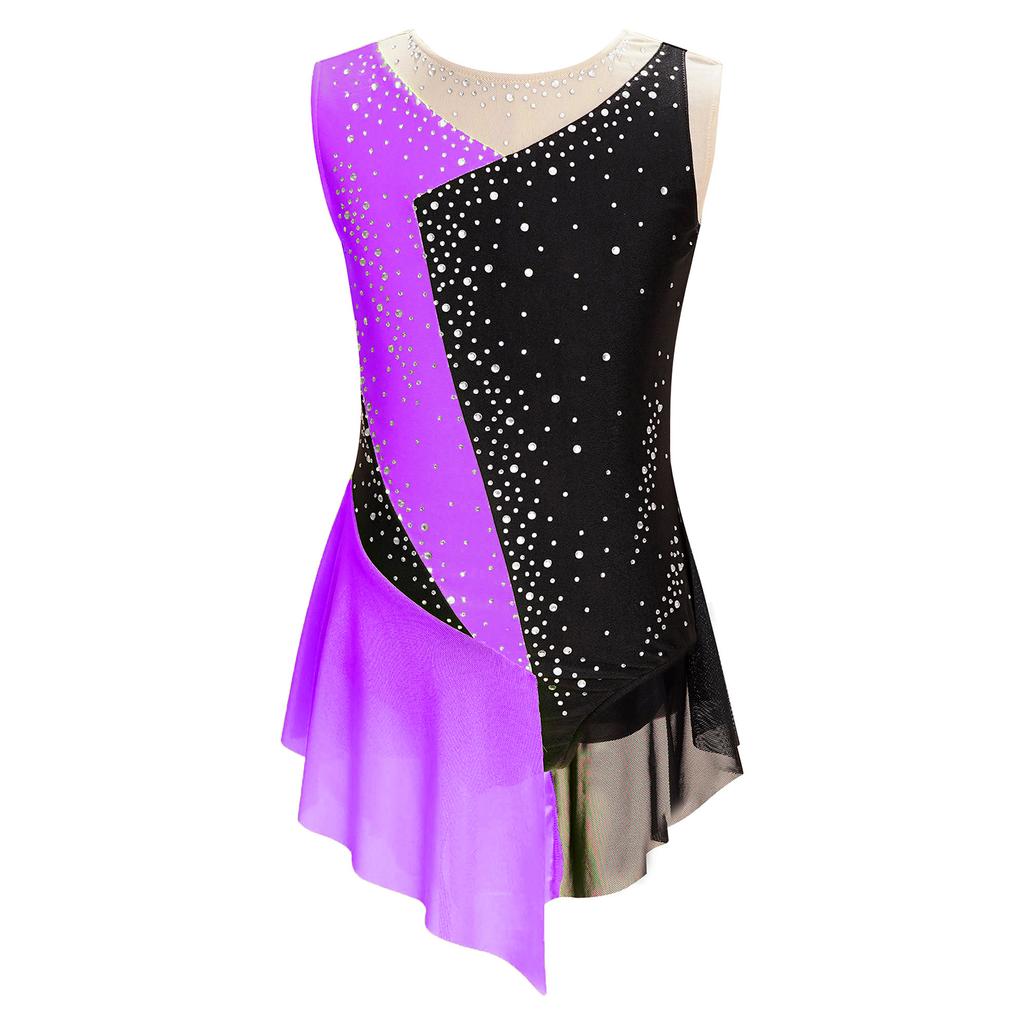 Girls Modern Lyrical Dance Dress High-Low Tulle Split Rhinestone Ballet Gymnastics Leotards Figure Skating Performance Costume