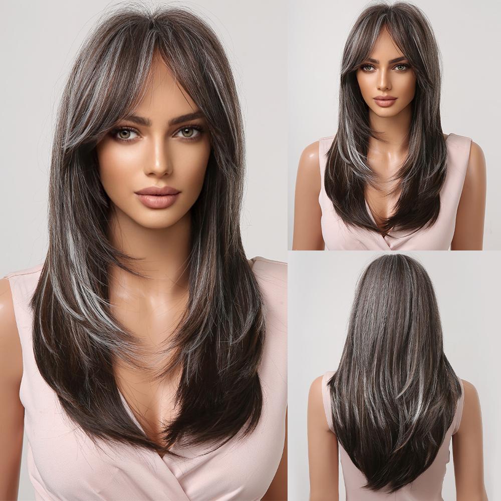 Perruques synthétiques longues et raides Henry Margu, cheveux noirs foncés ombrés avec frange pour femmes noires, perruques de cosplay quotidiennes résistantes à la chaleur