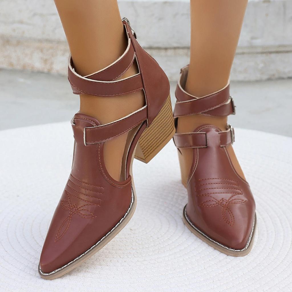 Punk Style Buckle Strap High Heels Sandals Women Pointed Toe Chunky Heeled Gladiator Shoes Woman Ankle Strap Summer Ankle Boots