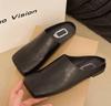 Fashion New Women Mules Summer Elegant Square Closed Toe Flat Slippers Female Shoes Casual Leather Black White Slides Plus Size 35-42