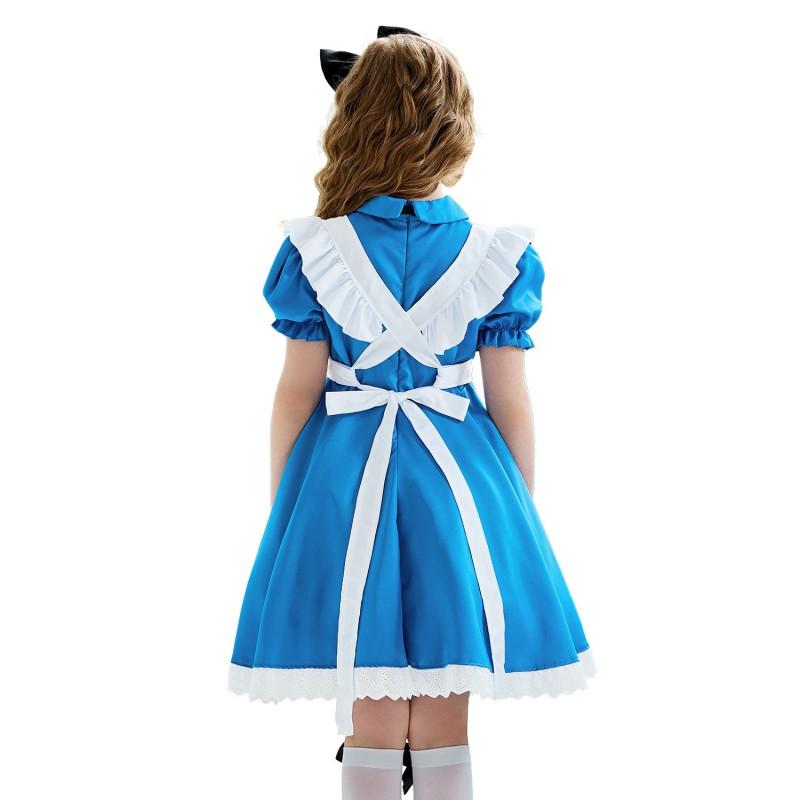 Alice In Wonderland Cosplay Costume Girls - Sweet Maid Dress With Apron Bow Tie Headband Short Sleeve Party Outfit
