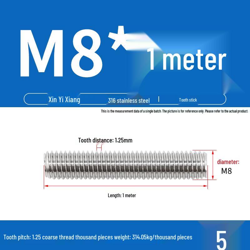 304 Stainless Steel Full Threaded Rod, 1 Meter, available in sizes M3, M6, M8, M10, M12.