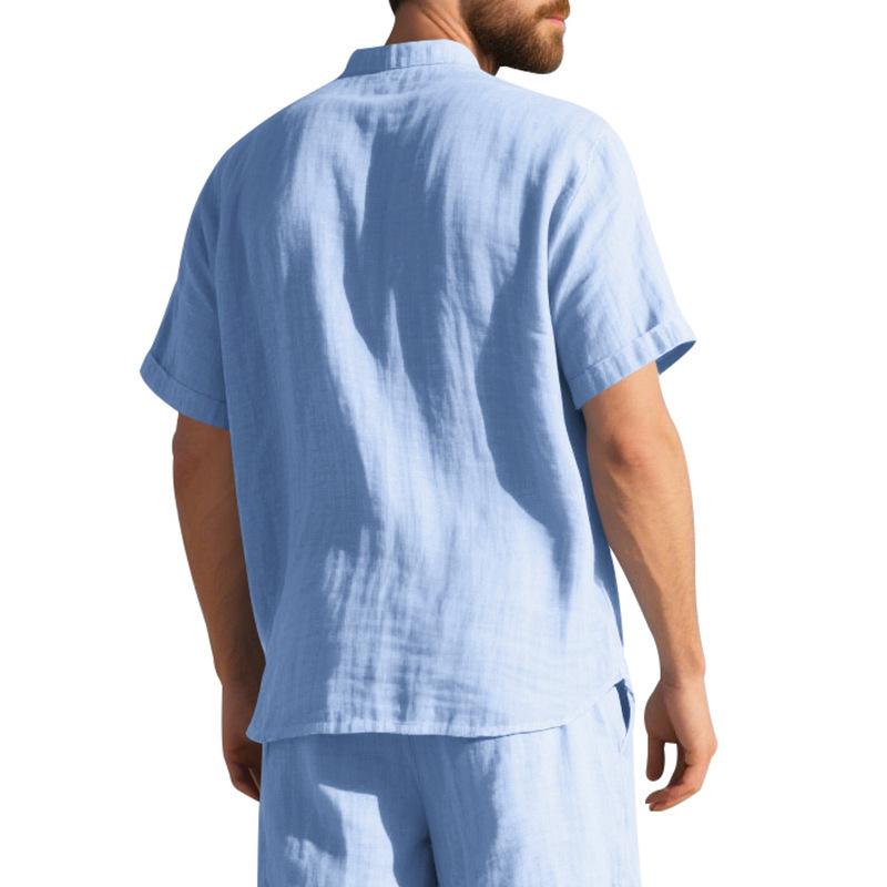 Herr sommar lös passform linne t-shirt enfärgad Henley-hals strand kortärmad skjorta