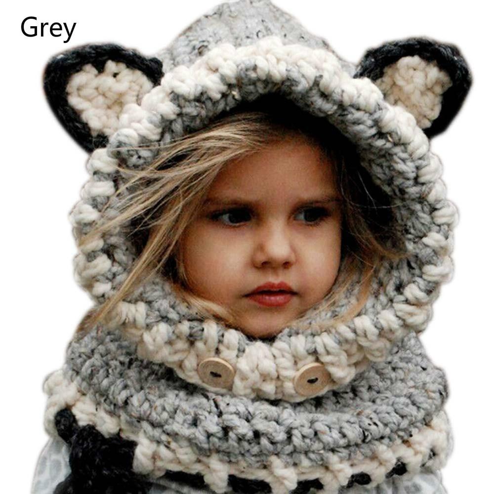 Hand Made Girls Child Baby Grey Fox Ear Hat Winter Warm Woolly Scarf Cute Neck