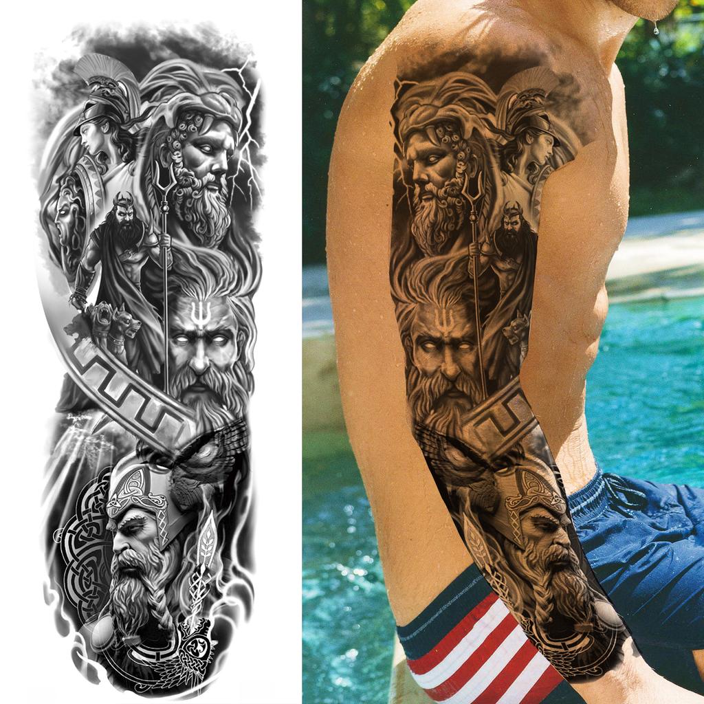 1 Sheet Full Arm Temporary Tattoos For Women Adults Men Spartan Warrior Realistic Fake Knight God Zeus Tattoo Sticker Fashion