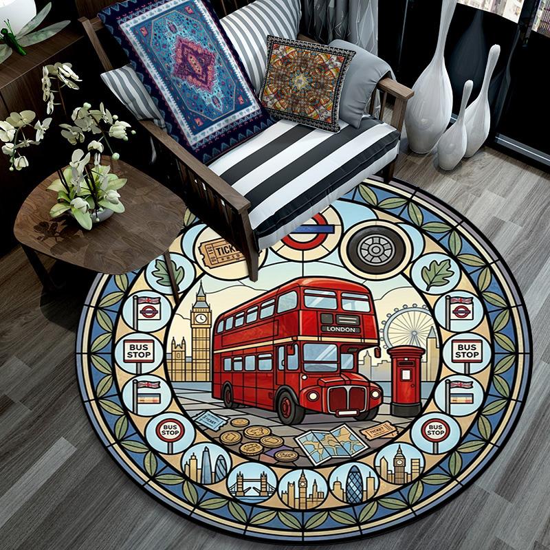 London Bus Journey Round Area Rug Under Office Chairs Bedroom Living Room Home Decor