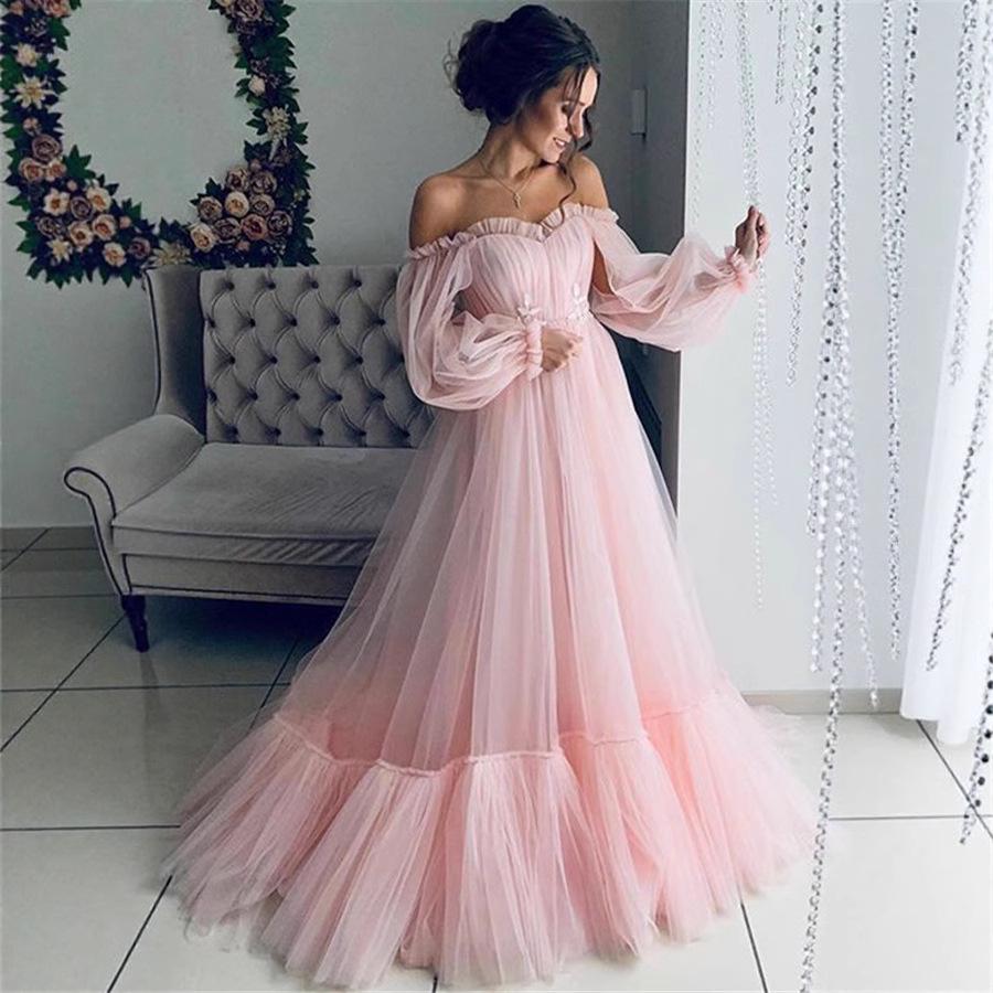 2025 Off-the-Shoulder Mesh Long Sleeve Wedding Gown - Women's European & American Style.
