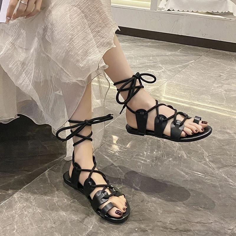 Women Sandals 2025 Summer New Fashion Flat Open Toe  Tie Ladies Shoes Casual Elegant Dress Lace Up Beach Gladiator Sandals