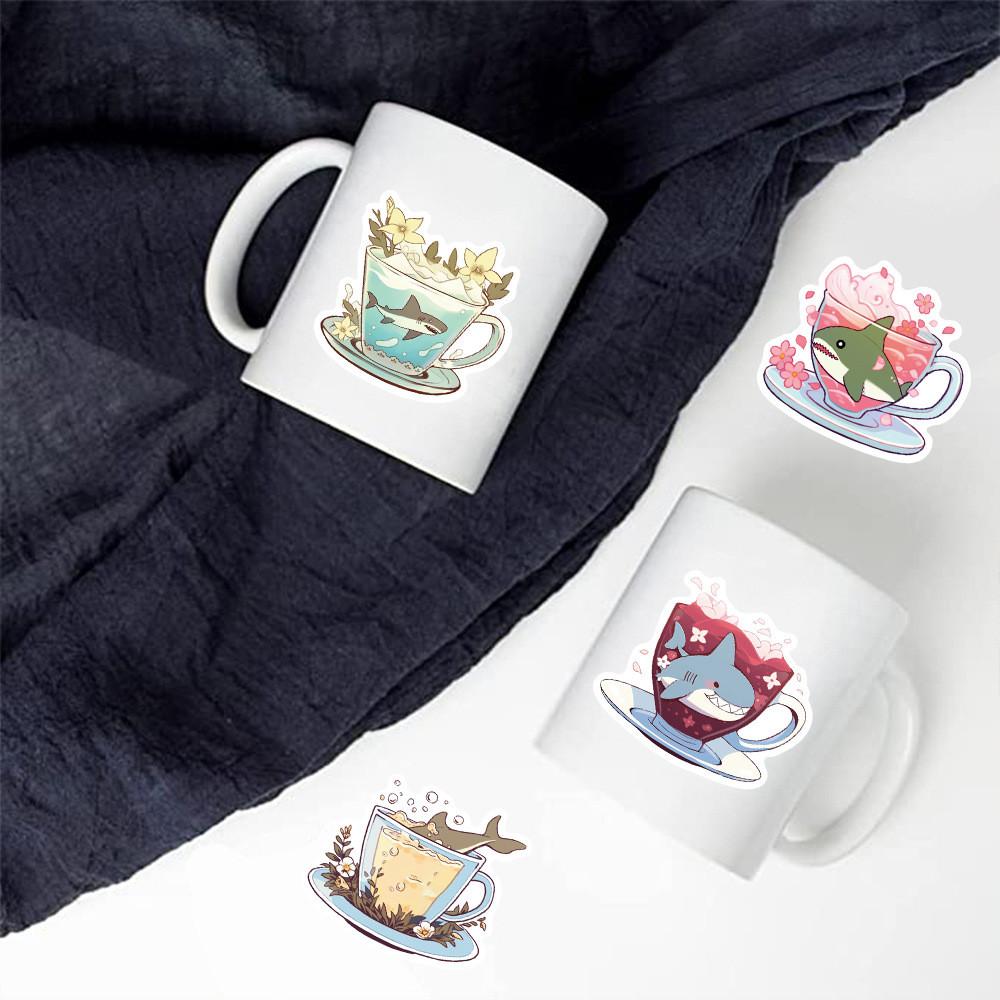 50-Piece Set No Duplicates: Cute Cartoon Shark Cup-Inspired Stickers - DIY Waterproof Decor for Notebooks, Phone Cases