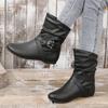 Large size short boots women's flat bottom round head pleated short tube stacking boots thermal casual versatile boots