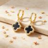 S925 Sterling Silver Four-Leaf Clover Earrings with Zircon, Black Agate, and White Mother-of-Pearl for a Luxurious High-End Look.