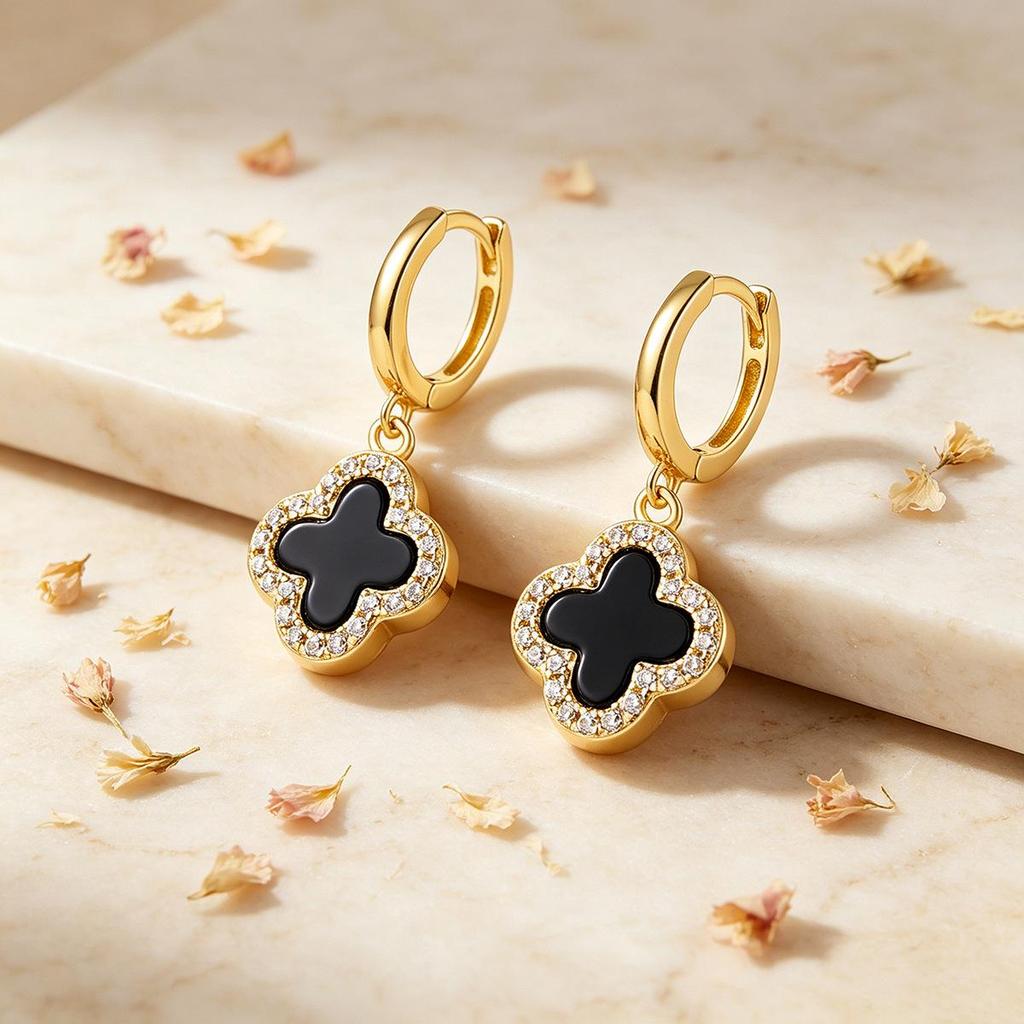 S925 Sterling Silver Four-Leaf Clover Earrings with Zircon, Black Agate, and White Mother-of-Pearl for a Luxurious High-End Look.