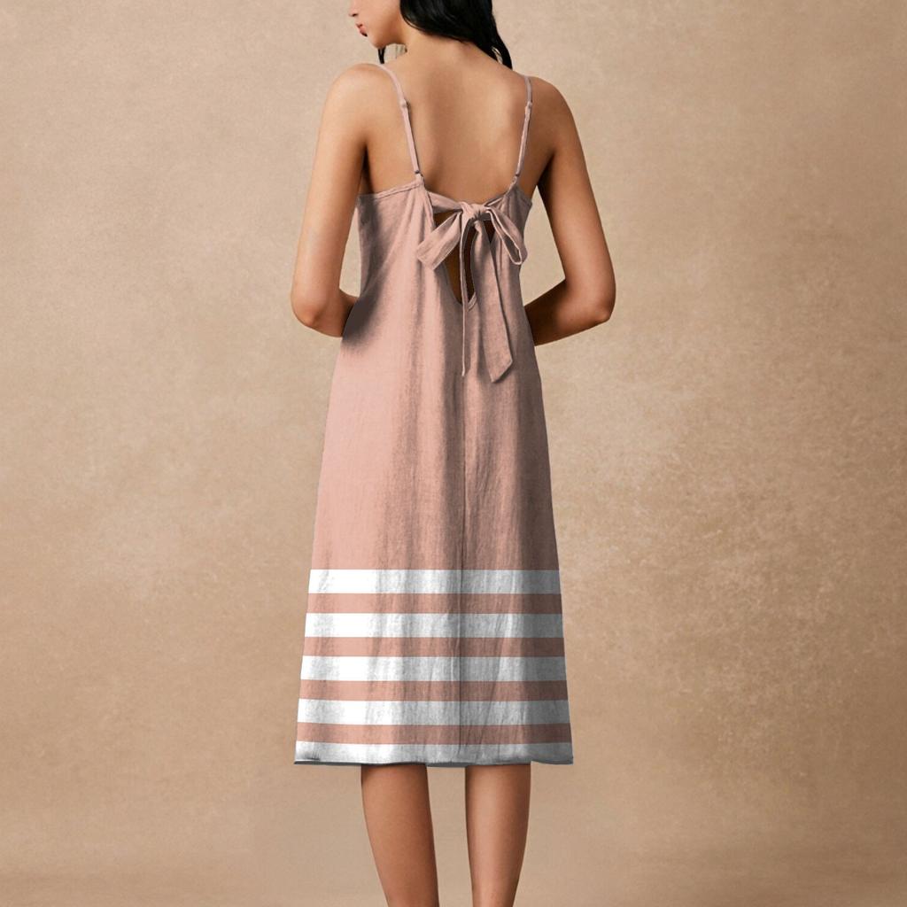 Women's Spaghetti Strap Backless Bow Loose Casual Beach Vacation Striped Printed Dress Sundress
