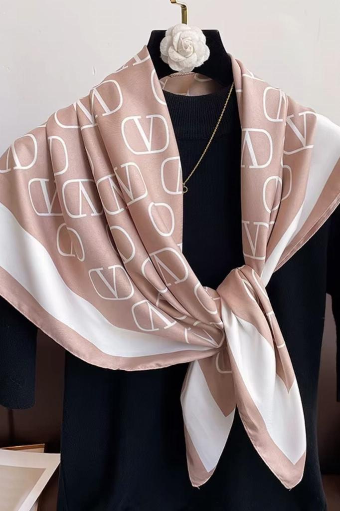Women' Scarf 90X90 "Beige Monogram" - Elegant Premium Style Imitation Silk Scarf