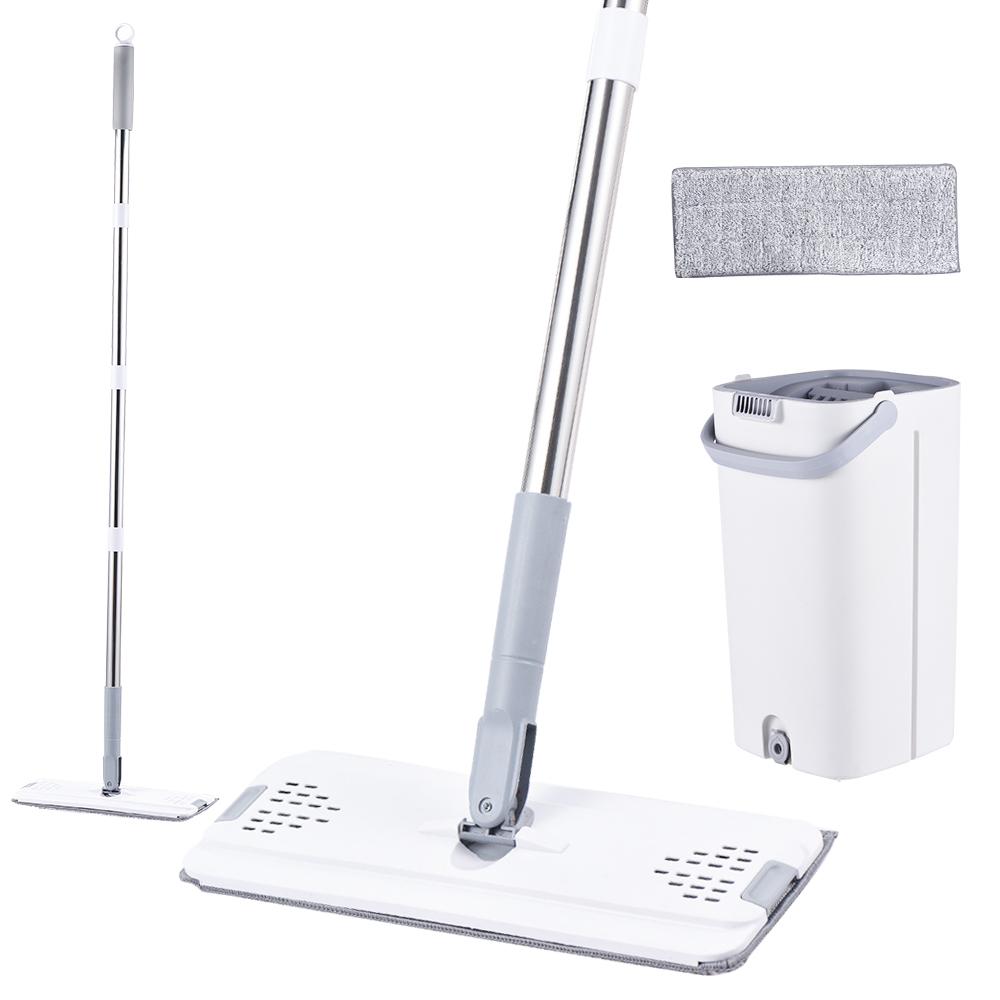 Mop and Bucket with Wringer Set 47 Inch Long Stainless Steel Handle Wet and Dry Use Flat Mop Bucket System with 2