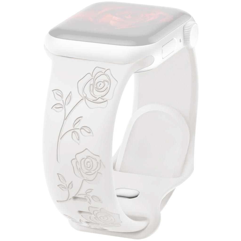 For Apple Watch 10 46mm/Ultra 2/Ultra 49mm/9 8 7 45mm/SE (2023) SE (2022) SE 6 5 4 44mm/3 2 1 42mm Rose Engraved Silicone Strap