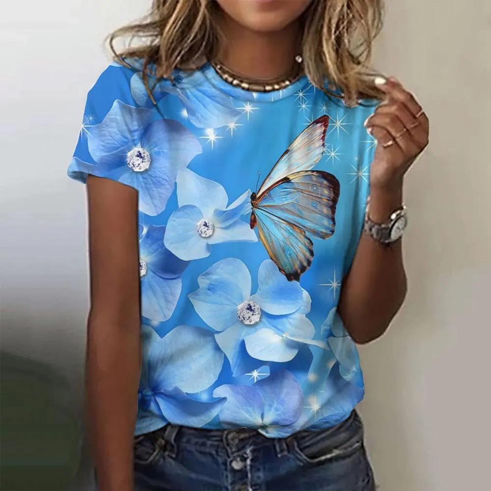 T-shirt da donna estiva a girocollo con stampa fantasia farfalla 3D, alla moda e casual a maniche corte