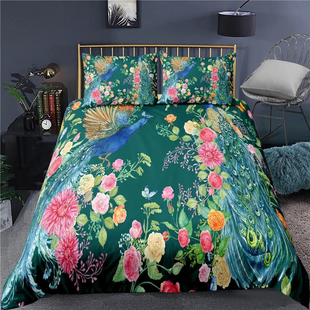 Peacock Duvet Cover Plum Blossom Decor Bedding Set King Size Crane Peacock Feather Floral Pattern Romantic Polyester Quilt Cover