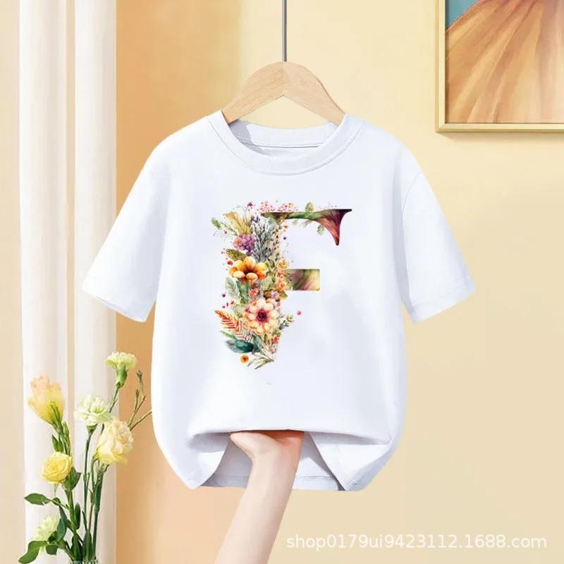 Floral AZ Kids Tshirt 26 Letters Cute ABCD Cartoon Short Sleeve Tee for Girls Summer Fashion Polyester Fabric