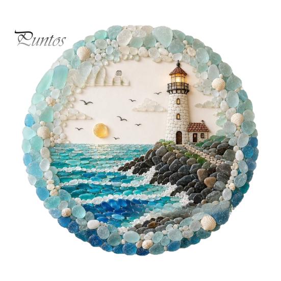 Beach House Decor Lighthouse Sea Glass Art Wall Ornament, Hand Assembled Shells And Tumbled Housewarming Gift for Decor, Style Decorative Hanging