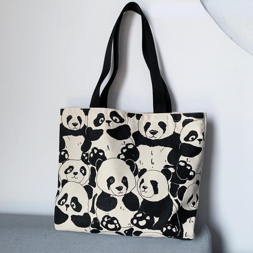 Canvas Bag Women's Shoulder Chinese Style High Capacity Zipper Canvas Bag Portable Shopping Bag Double Cute Panda Sided Printing