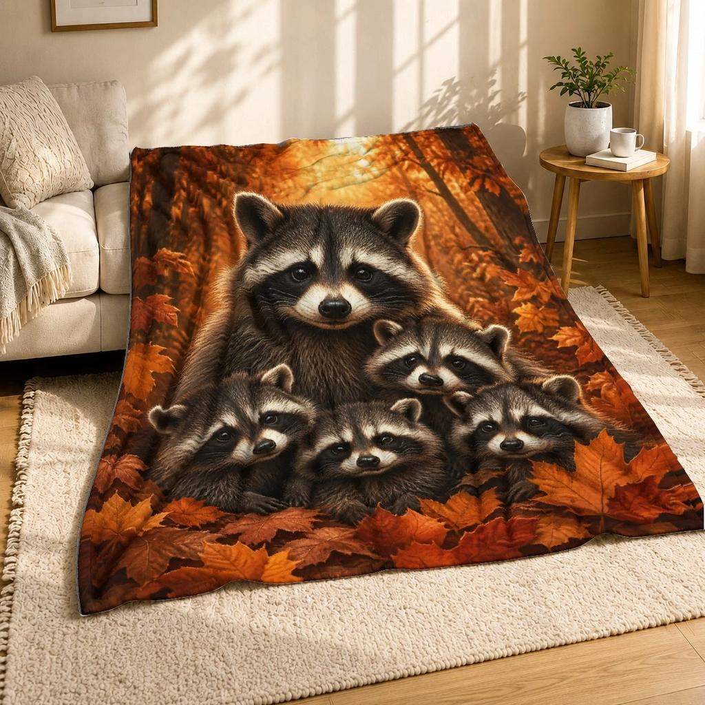 Raccoon Family In Autumn Leaves Coral Fleece Blanket